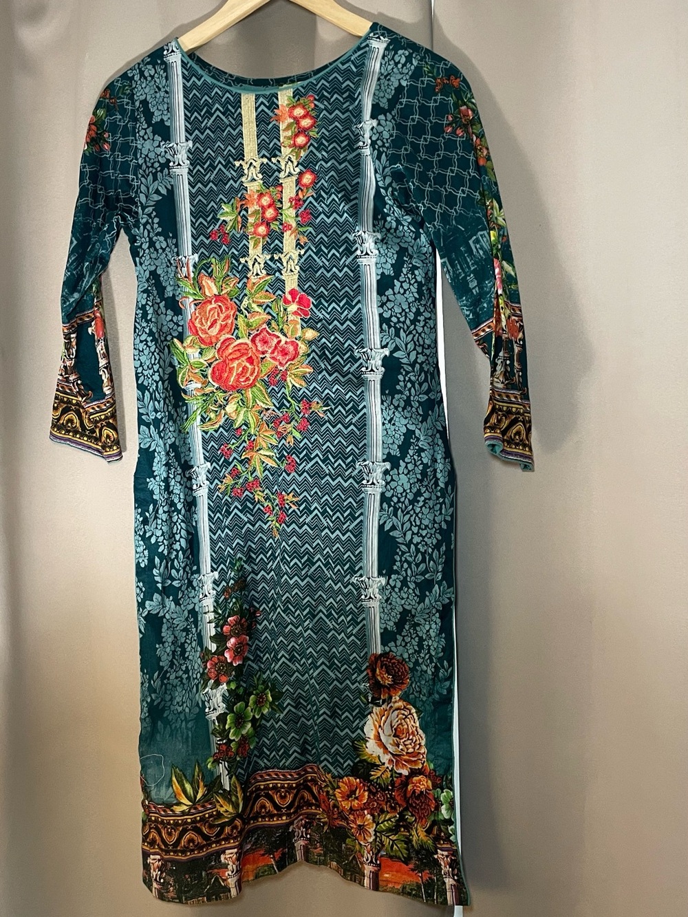 Pakistani Teal Floral Printed Long Sleeve Women's Dress (3 pieces)